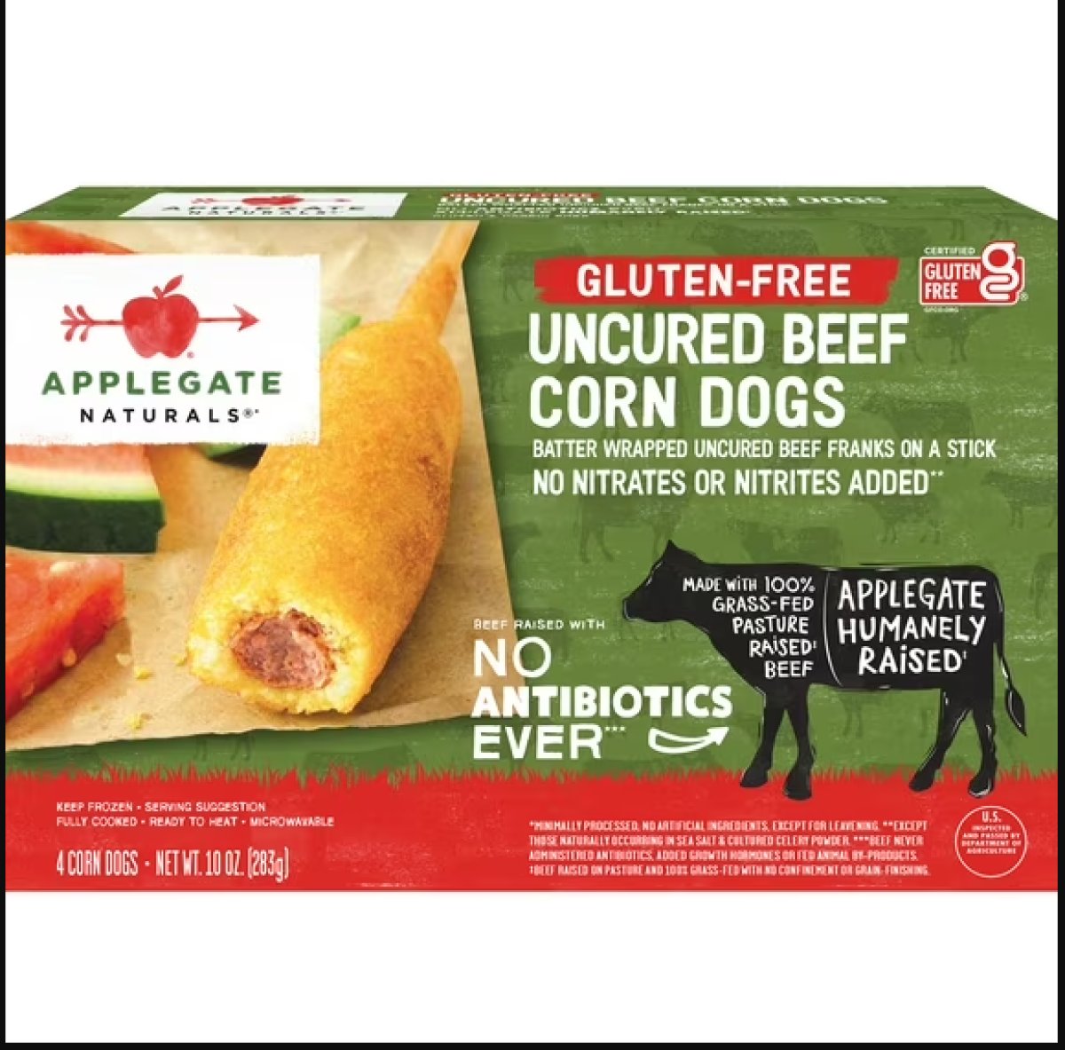 Applegate Natural Uncured Beef Corn Dogs, Gluten Free, 10 oz, 4 Count (Frozen)