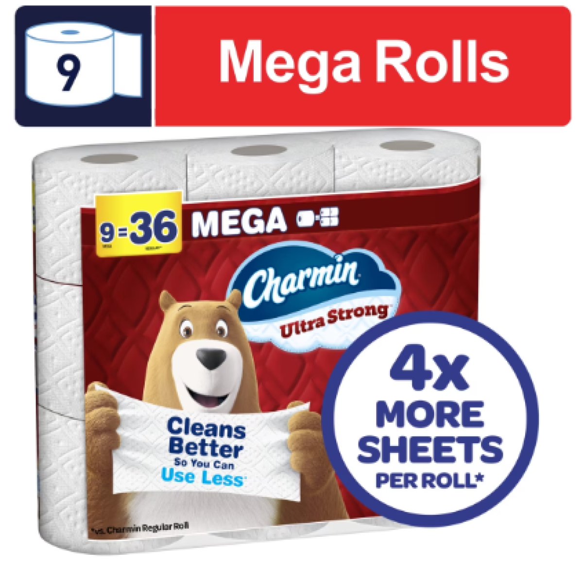 Charmin Ultra Strong Toilet Paper 9 Mega Rolls, 220 Sheets per Roll