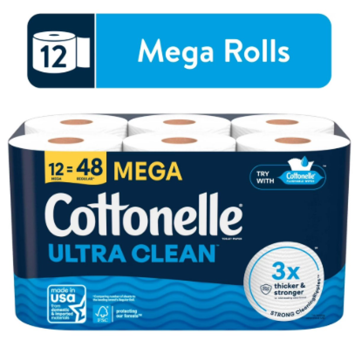 Cottonelle Ultra Clean Toilet Paper, Strong Toilet Paper, 12 Mega Rolls