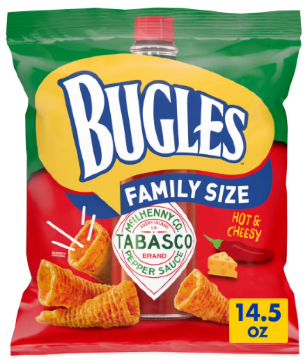 Bugles Tabasco Crunchy Corn Snacks with Flavor, Spicy and Hot, Family Size, 14.5 oz