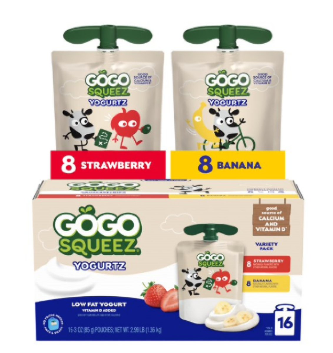 GoGo squeeZ Low Fat Strawberry Banana Yogurt Snack Pouches, 3 oz (Pack of 16)