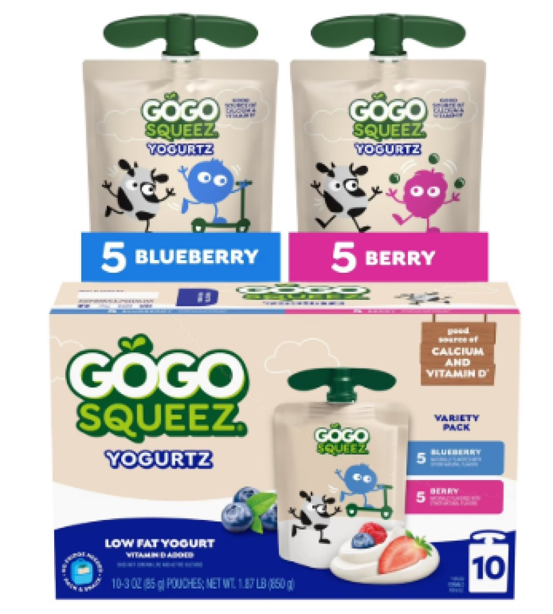 GoGo squeeZ Yogurtz Yogurt Snack Pouches with Blueberries and Low-Fat Berries, 3 oz (Pack of 10)
