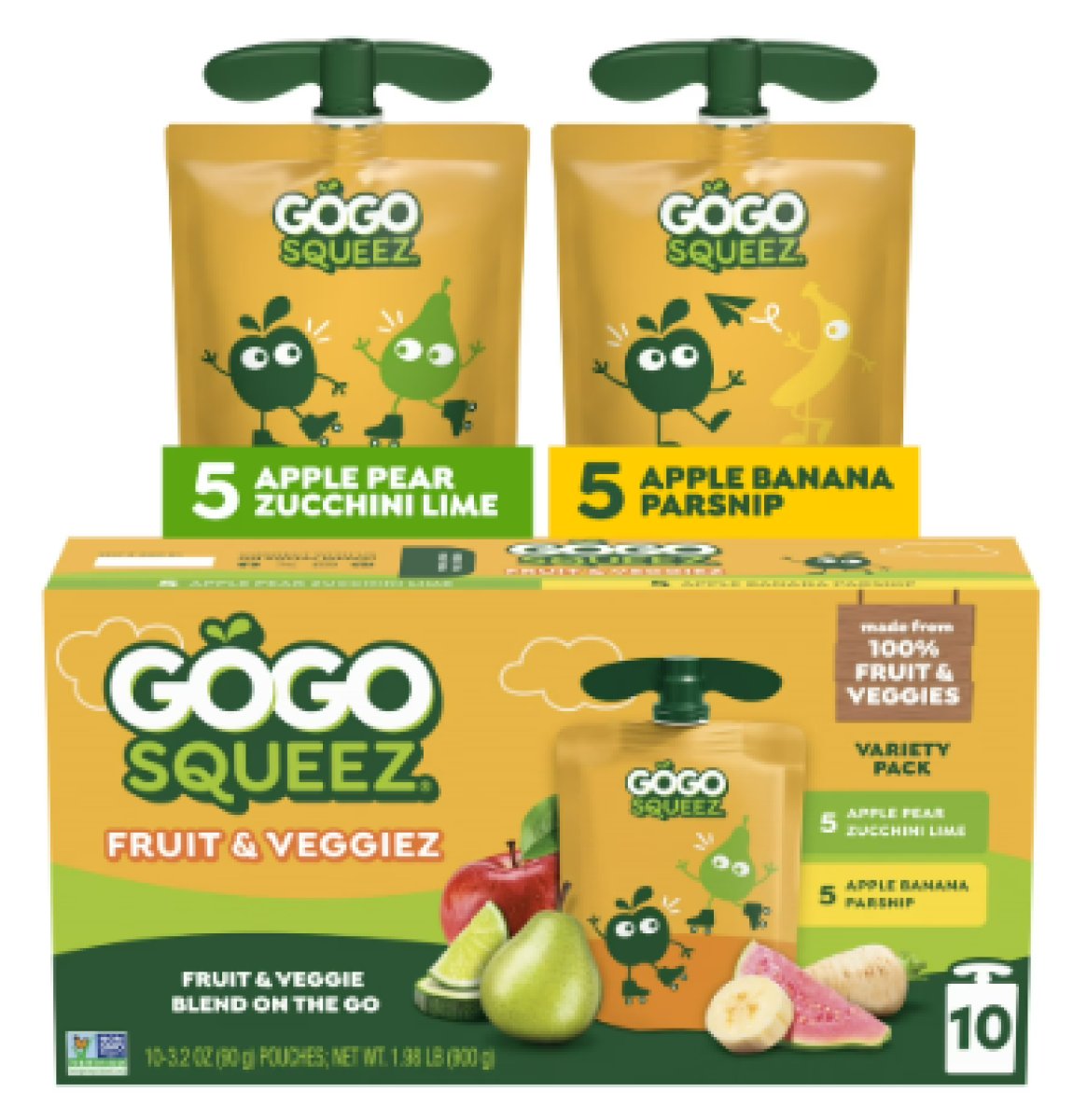 GoGo squeeZ Variety Packs of Apple Puree with Fruits and Vegetables, Sugar Free, 3.2 oz (Pack of 10)