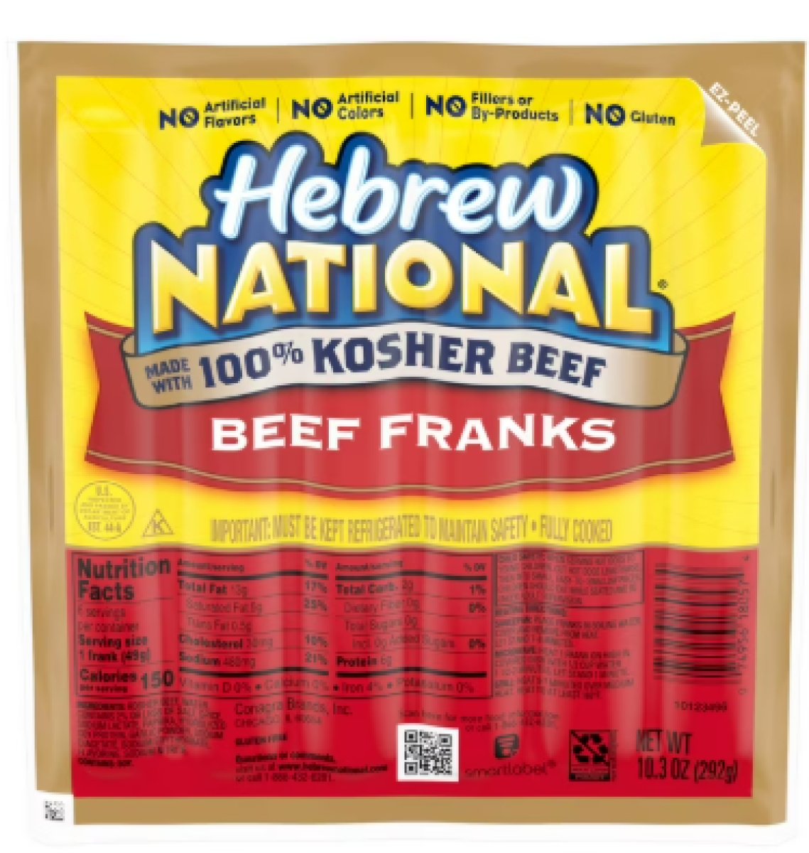 Hebrew National 100% Free Kosher Beef, Hot Dogs, 10.3 oz 6 Units