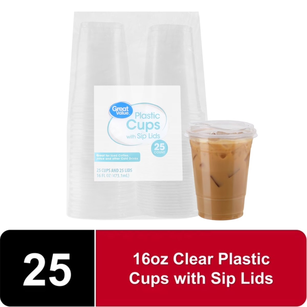 Great Value Disposable Plastic Cups and Lids, Clear, 16 oz, 25 Count, (Cup and Lid Combo)