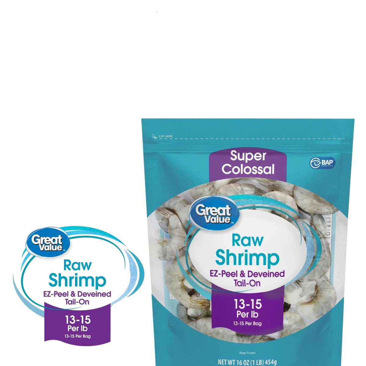 Great Value Frozen Super Colossal Raw Shrimp with Tails and Easy Shell, 16 oz Bag (13-15 Shrimp per Pound)