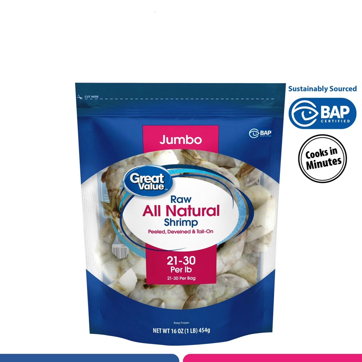 Jumbo Raw Frozen Tail-On Shrimp, All Natural, Peeled and Deveined, 1 Pound Bag (21-30 Units per Pound)