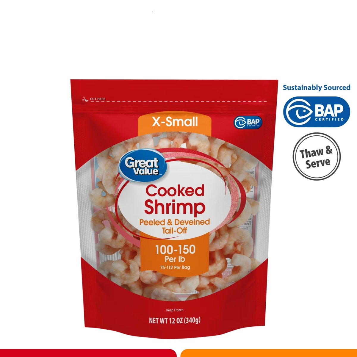 Great Value Cooked Shrimp, Extra Small, Peeled and Deveined, Frozen, 12 oz (100-150 Shrimp per Pound)