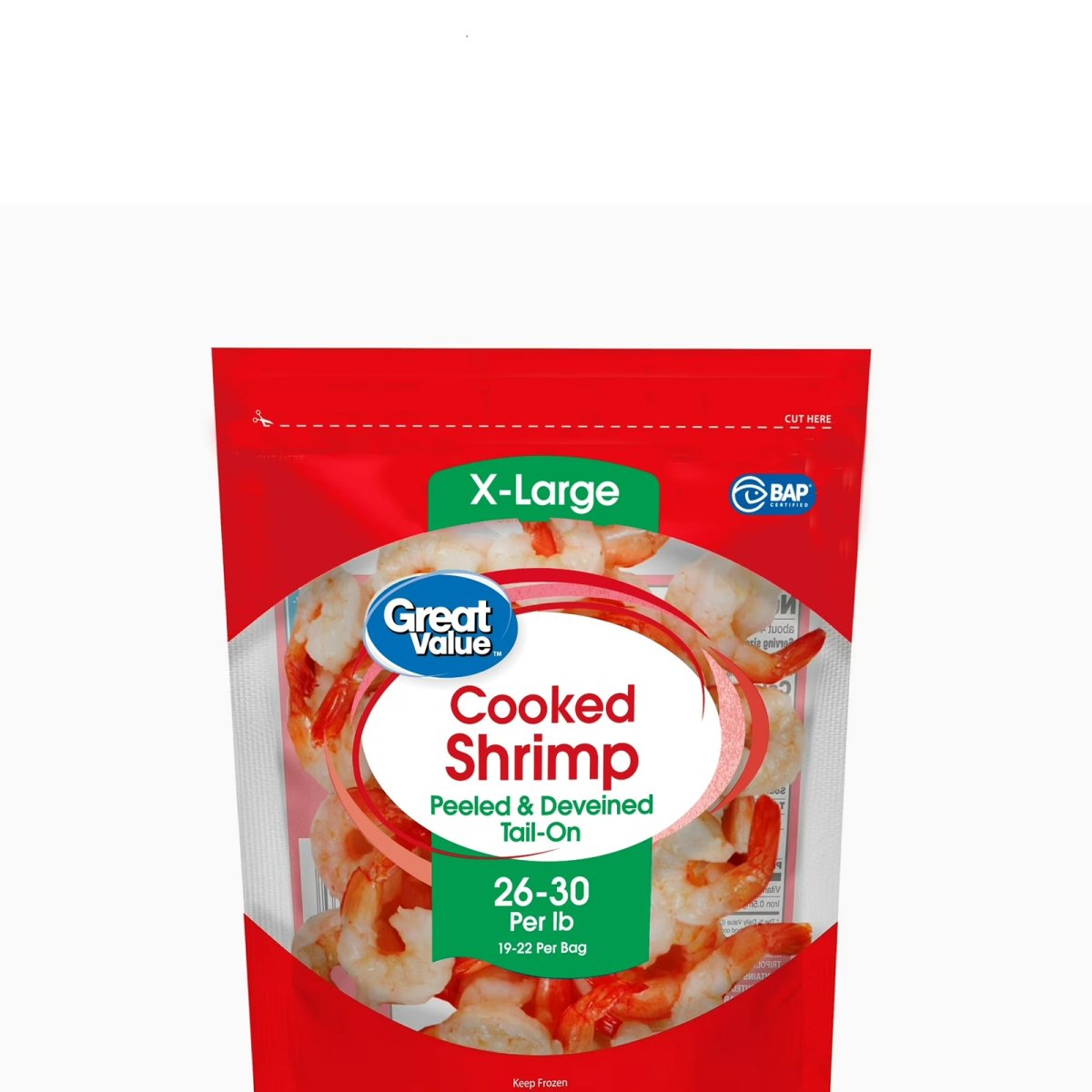 Great Value Cooked Shrimp, Extra Large, Peeled and Deveined, with Tails, 12 oz Bag (26-30 Shrimp per Pound)