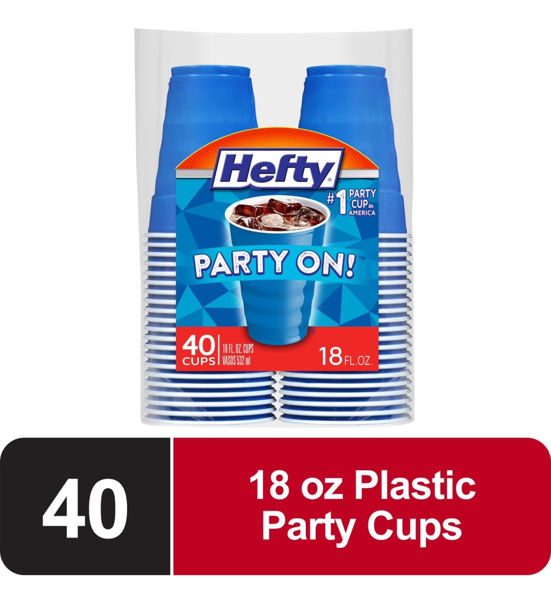 Hefty Party Disposable Plastic Cups, Navy Blue, 18 oz, 40 Count