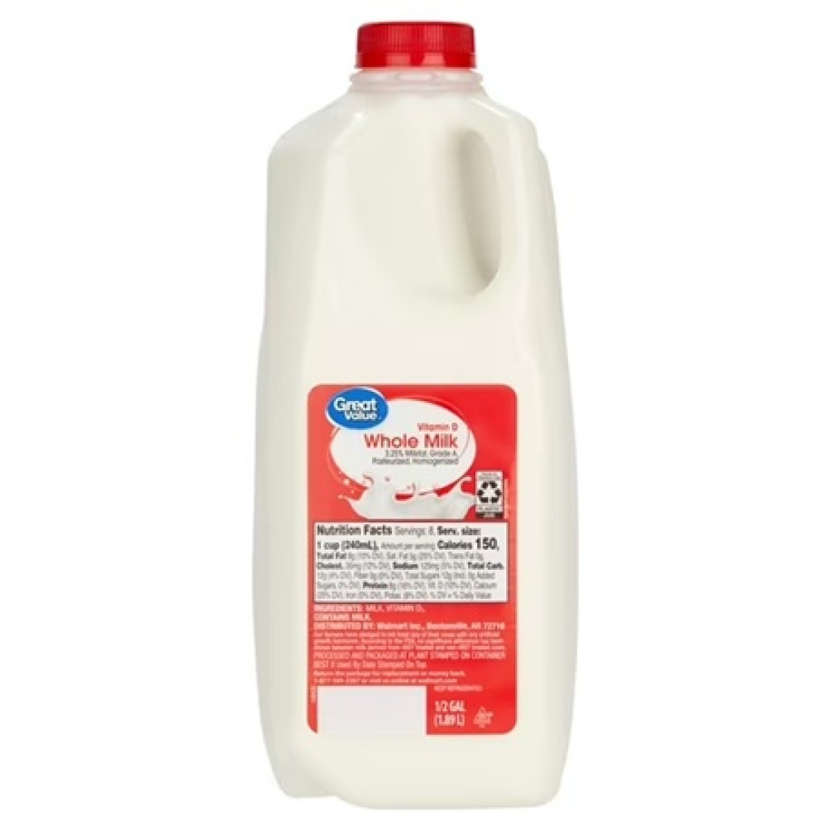 Great Value Milk Whole Vitamin D, Half Gallon, Plastic, Jug, 64oz