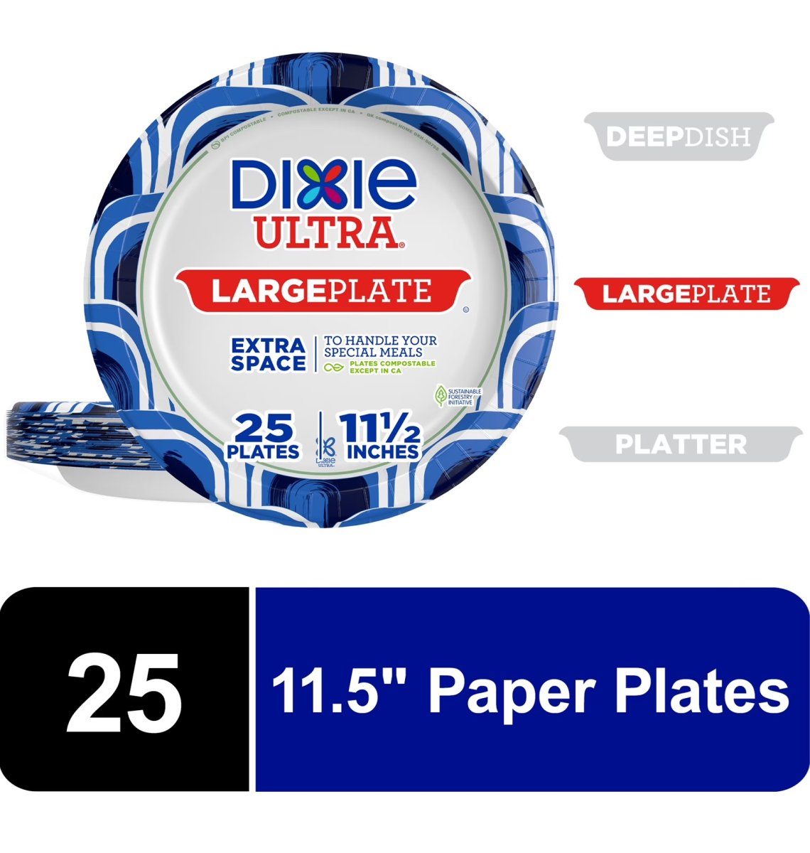 Dixie Ultra Disposable Paper Plates with Large 11.5" Plate, Multicolor, 25 Count