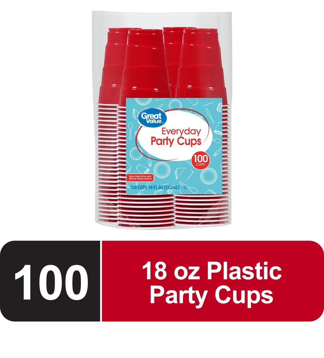 Great Value Everyday Use Disposable Plastic Party Cups, Red, 18 oz, 100 Count