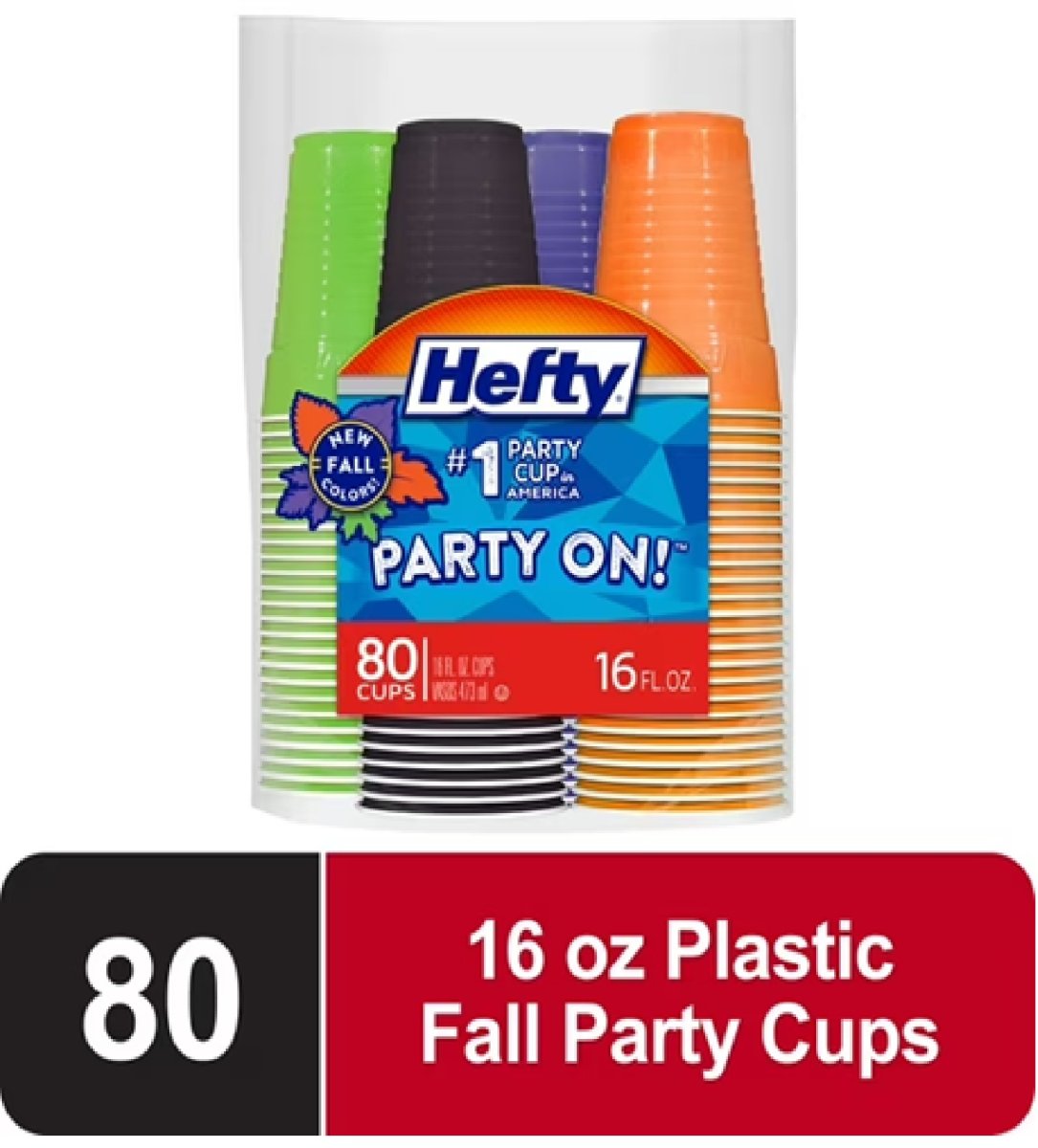 Hefty Party Disposable Plastic Party Cups, Assorted Autumn Colors, 16 oz., 80 Count