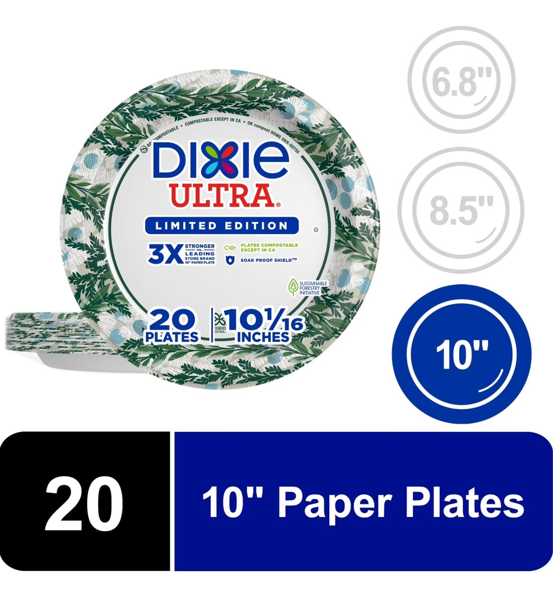 Dixie Ultra Winter Design Disposable Paper Plates, 10", Multi-Color, 20 Count