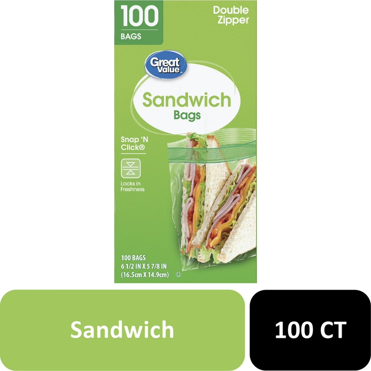 Great Value Fresh Seal Double Zipper Sandwich Bags, 100 Count