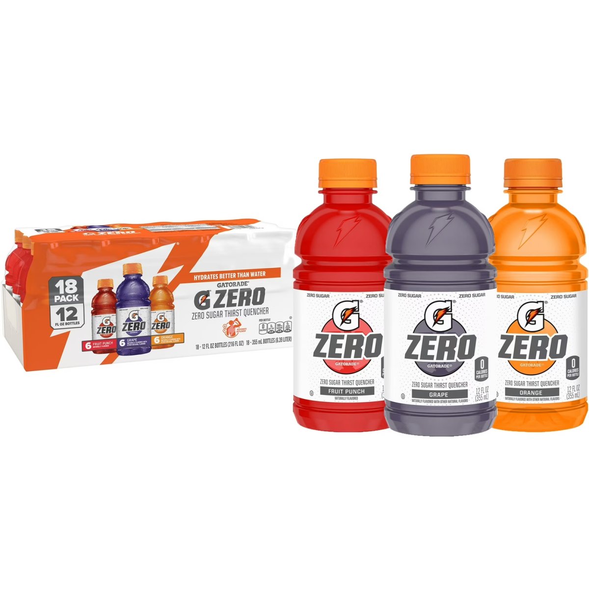 Gatorade Zero Sugar Sports Drinks, Fruit Punch/Grape/Orange Variety Pack, 12 fl oz, 18 Count Bottles