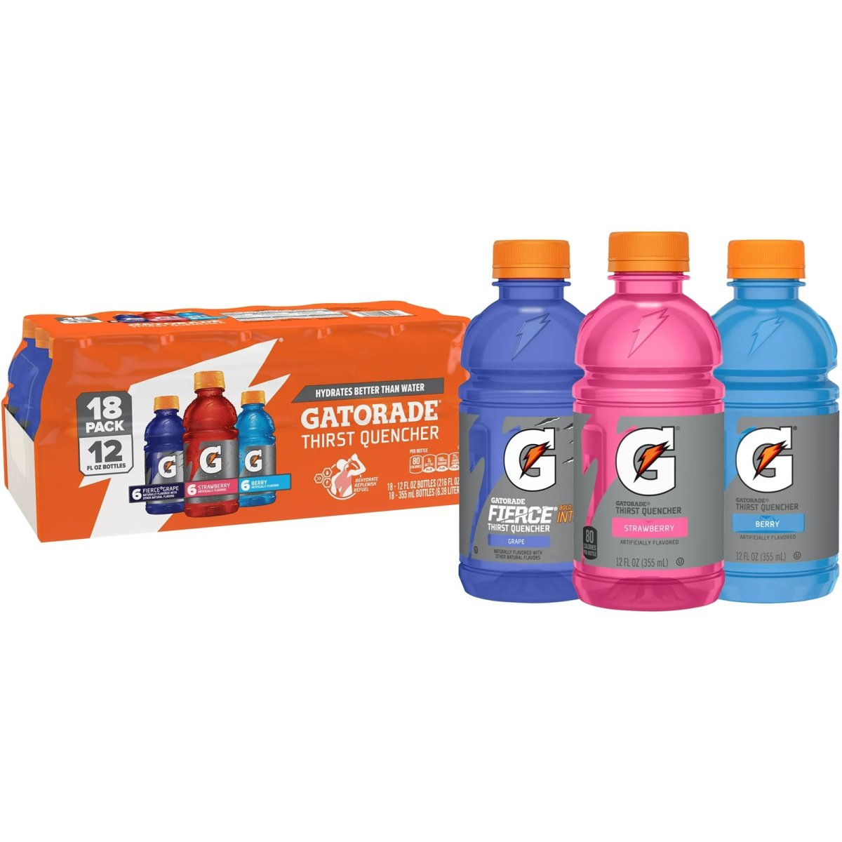 Gatorade Sports Drinks, Grape,Strawberry and Berry Flavored Variety Pack, 12 fl oz, 18 Count Bottles