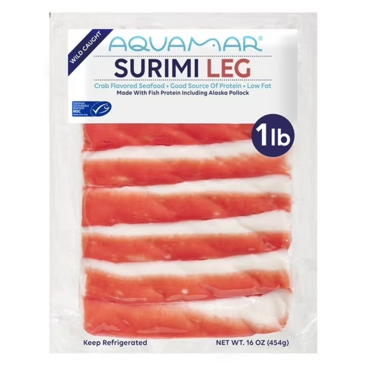 Aquamar Surimi, Leg Style Fresh Imitation Crab,1- 16 oz , Medium Plastic Bag. 5gr Protein per Serving.
