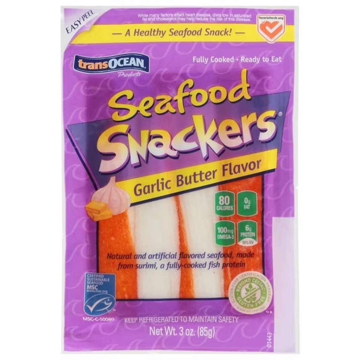 TransOcean Garlic Butter Seafood Snackers Imitation Crab, Stick Style, 3 oz Plastic Bag, Gluten-Free, Fully Cooked