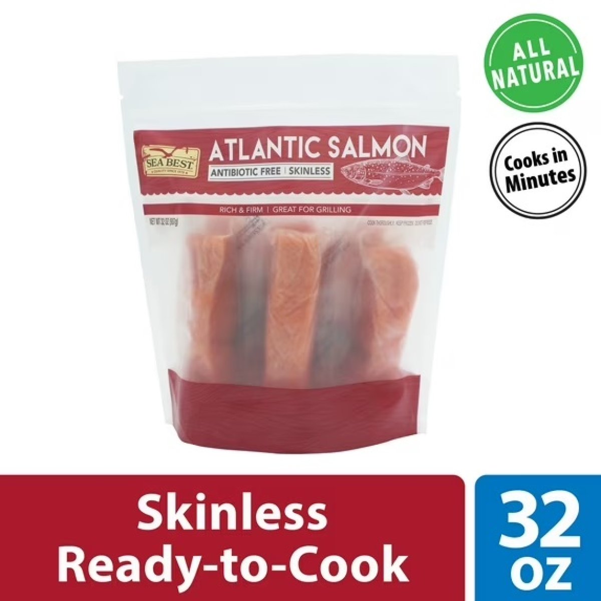 Sea Best Skinless Antibiotic Free Atlantic Salmon Fillets, 2 lb Bag (Frozen Fish)