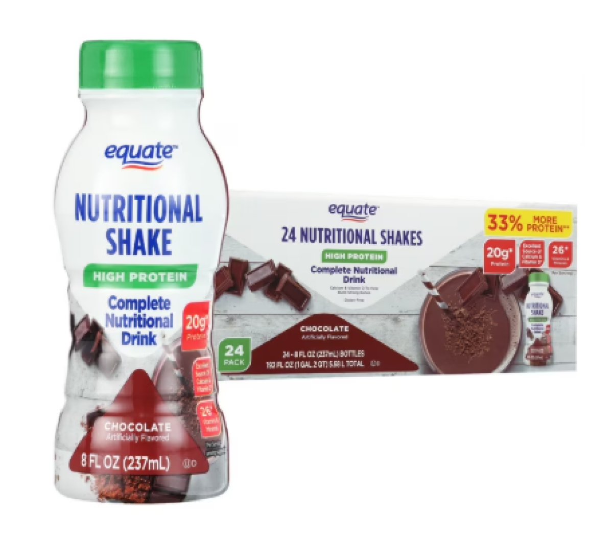 Equate Complete Nutritional Shake High in Protein, Calcium and Vitamin D, Chocolate, 8 fl oz, 24 Units