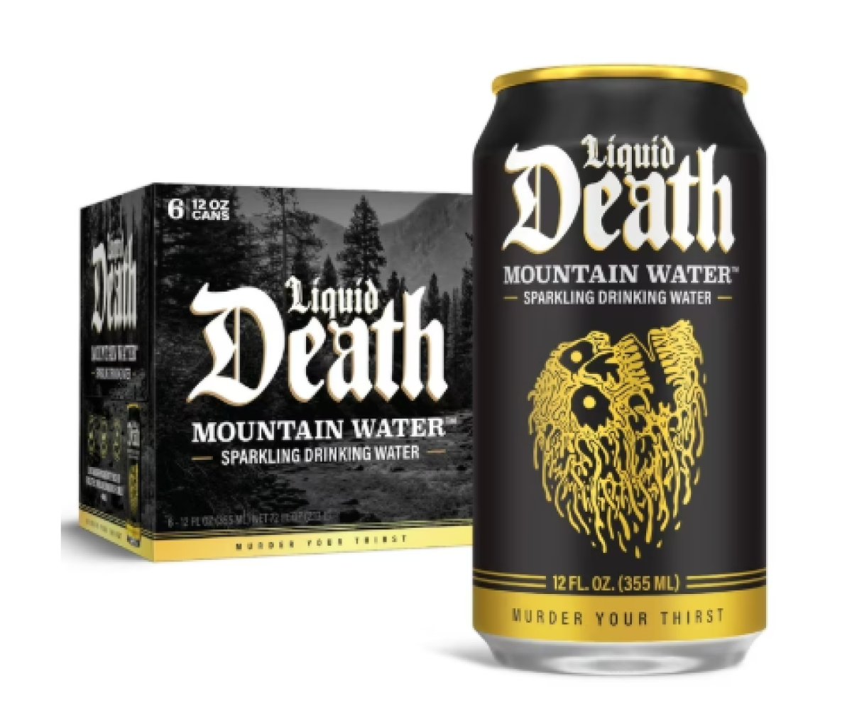 Liquid Death, Mountain Water Sparkling, 6-Pack Cans (12 oz Cans), Real Mountain Fountain, Infinitely Recyclable Frosted Cans