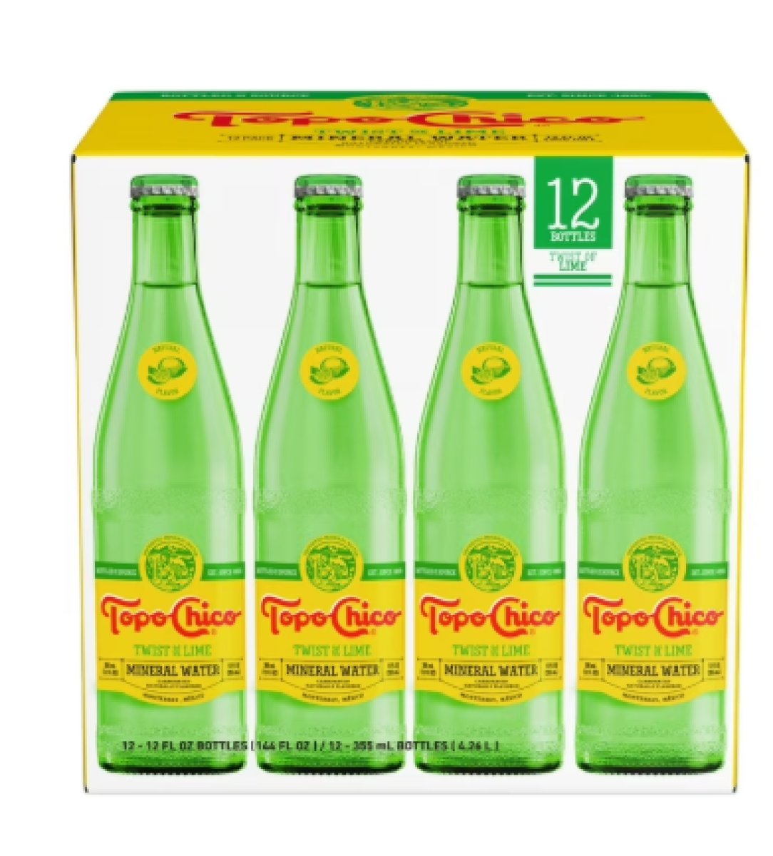 Topo Chico Toque Sparkling Lime Mineral Water, 12 fl oz, 12-Pack of Glass Bottles