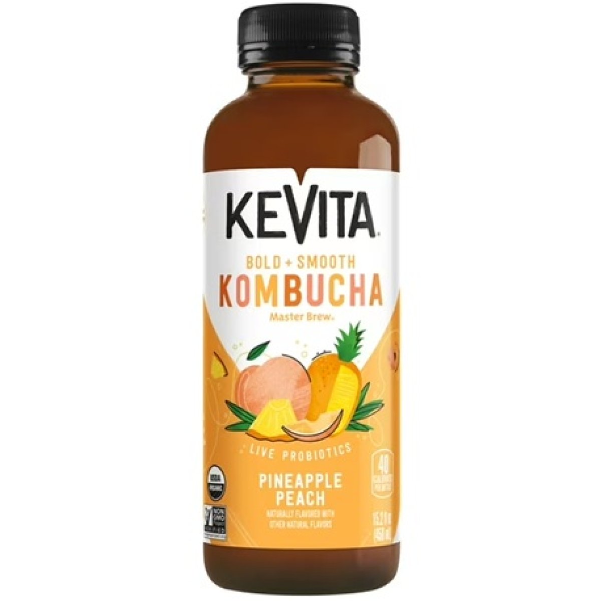 KeVita Master Brew Kombucha Tea, Pineapple Peach Flavor, Naturally Caffeinated, 15.2 oz Bottle