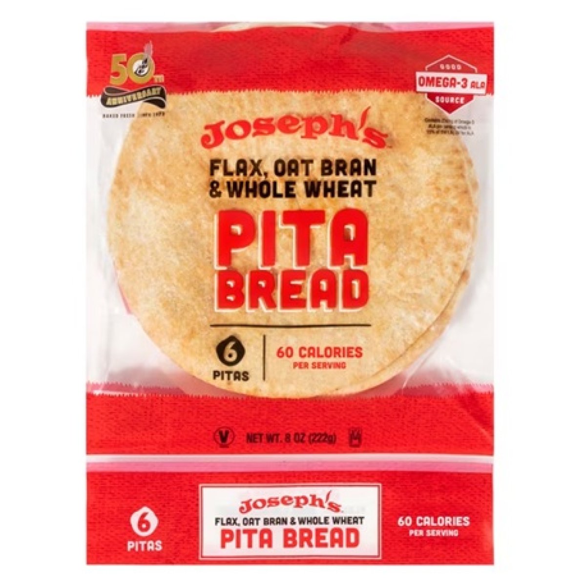 Joseph's Low Net Carb Flax Pita Bread, 6 count, 8oz Shelf-Stable