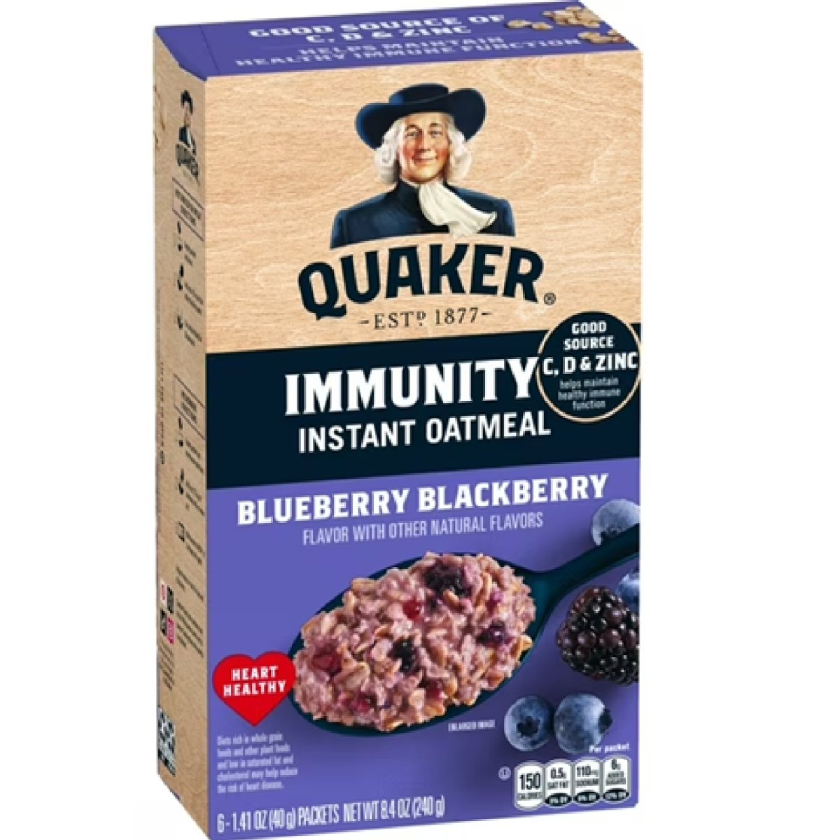 Quaker Immune Instant Oatmeal Blackberry and Blueberry, Good Source of Vitamins C, D and Zinc, Whole Grains. 1.41 oz packets (6-pack)