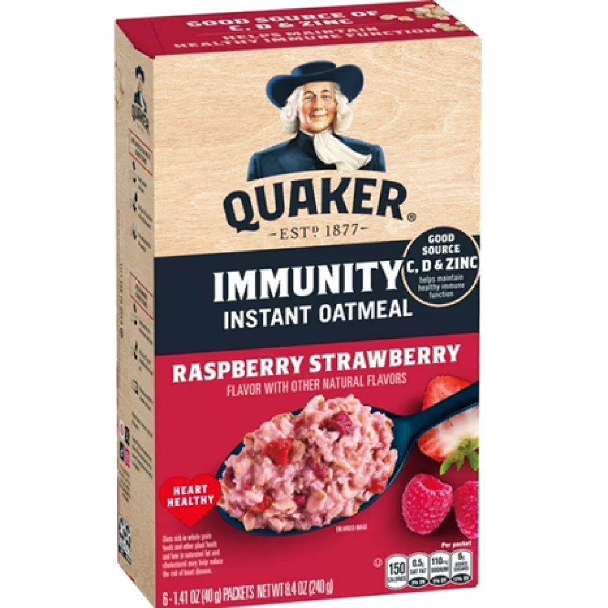 Quaker Immunity Instant Oatmeal Strawberry Raspberry, Good Source of Vitamins C, D and Zinc, Whole Grains, 1.41 oz Packs, (Pack of 6)