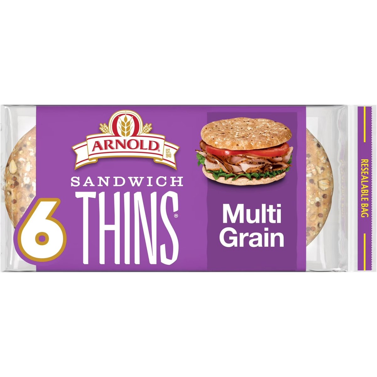 Arnold Sandwich Thins Multigrain Rolls, 6 count, Sandwich Thins, 12 oz Bag