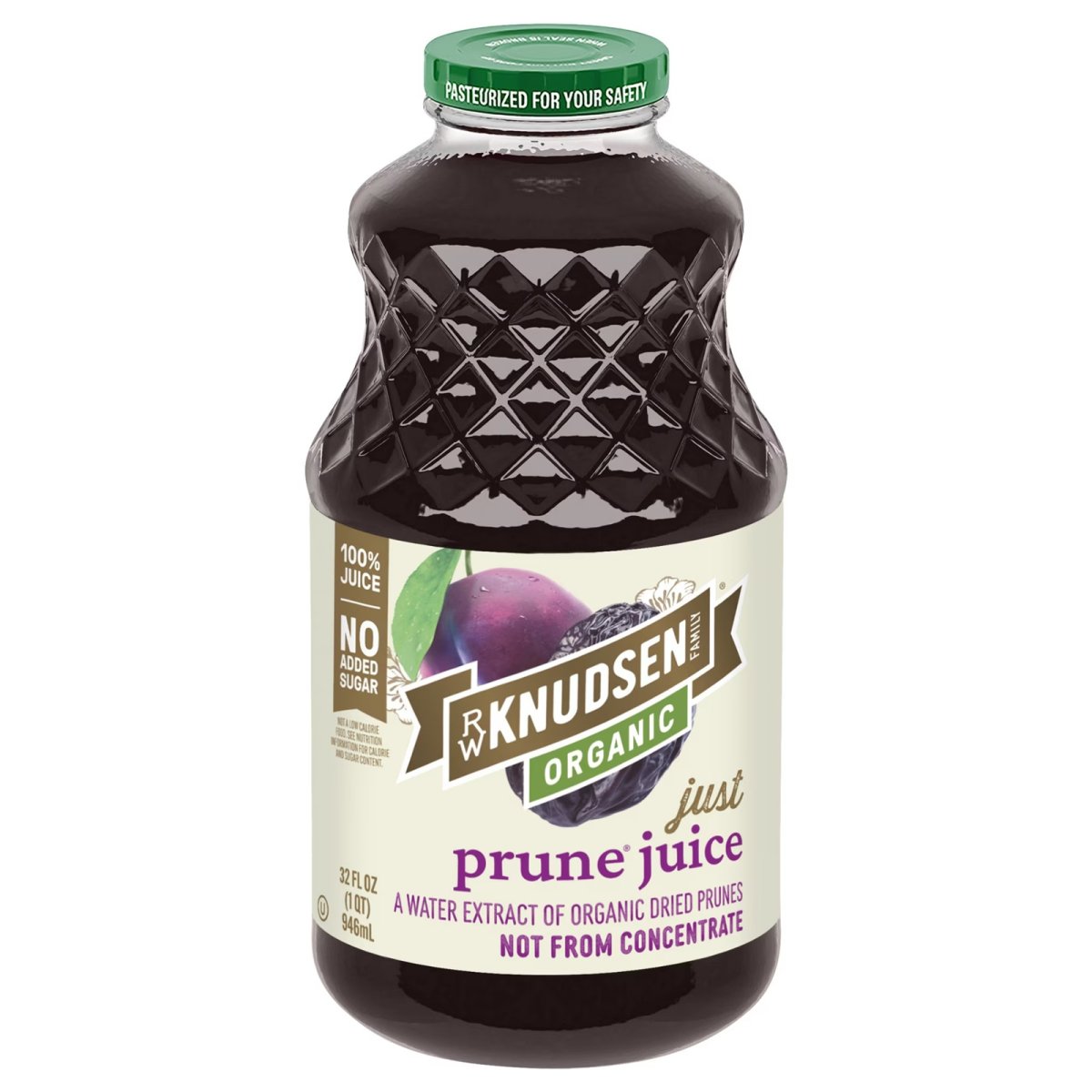 RW Knudsen Family Organic Prune Juice 100% Juice, 32 oz, Glass Bottle, Non-Perishable
