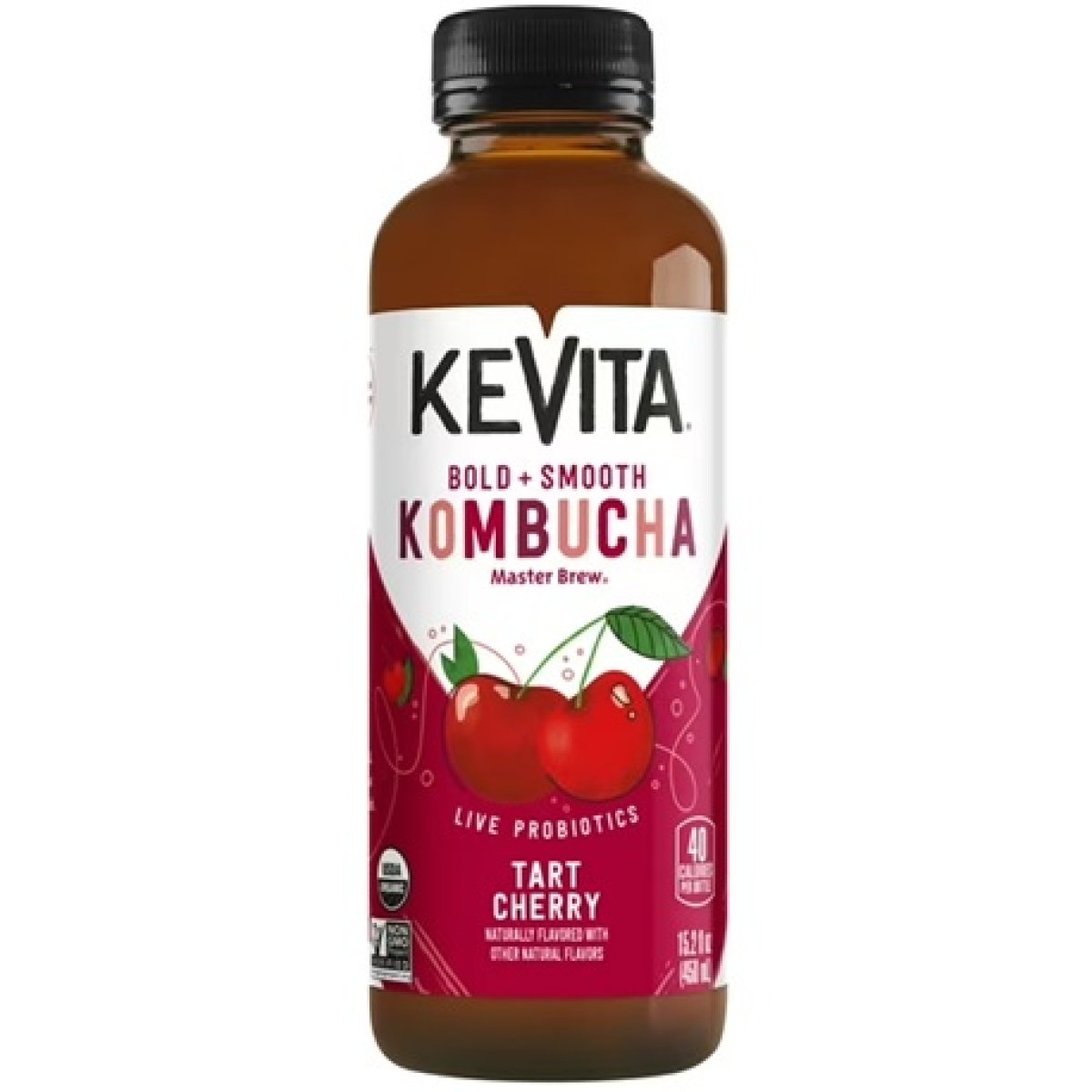 KeVita Tart Cherry Master Brew Kombucha, Organic, Non-GMO Probiotic Enriched, Smooth Texture, 15.2 fl oz Bottle