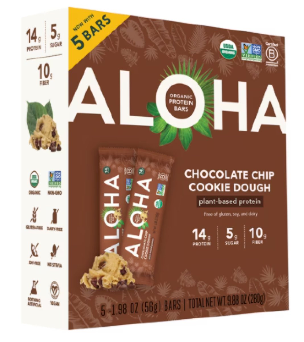 ALOHA, Plant Protein Bars, Chocolate Chip Cookie Dough, 14g of Protein (Pack of 5)