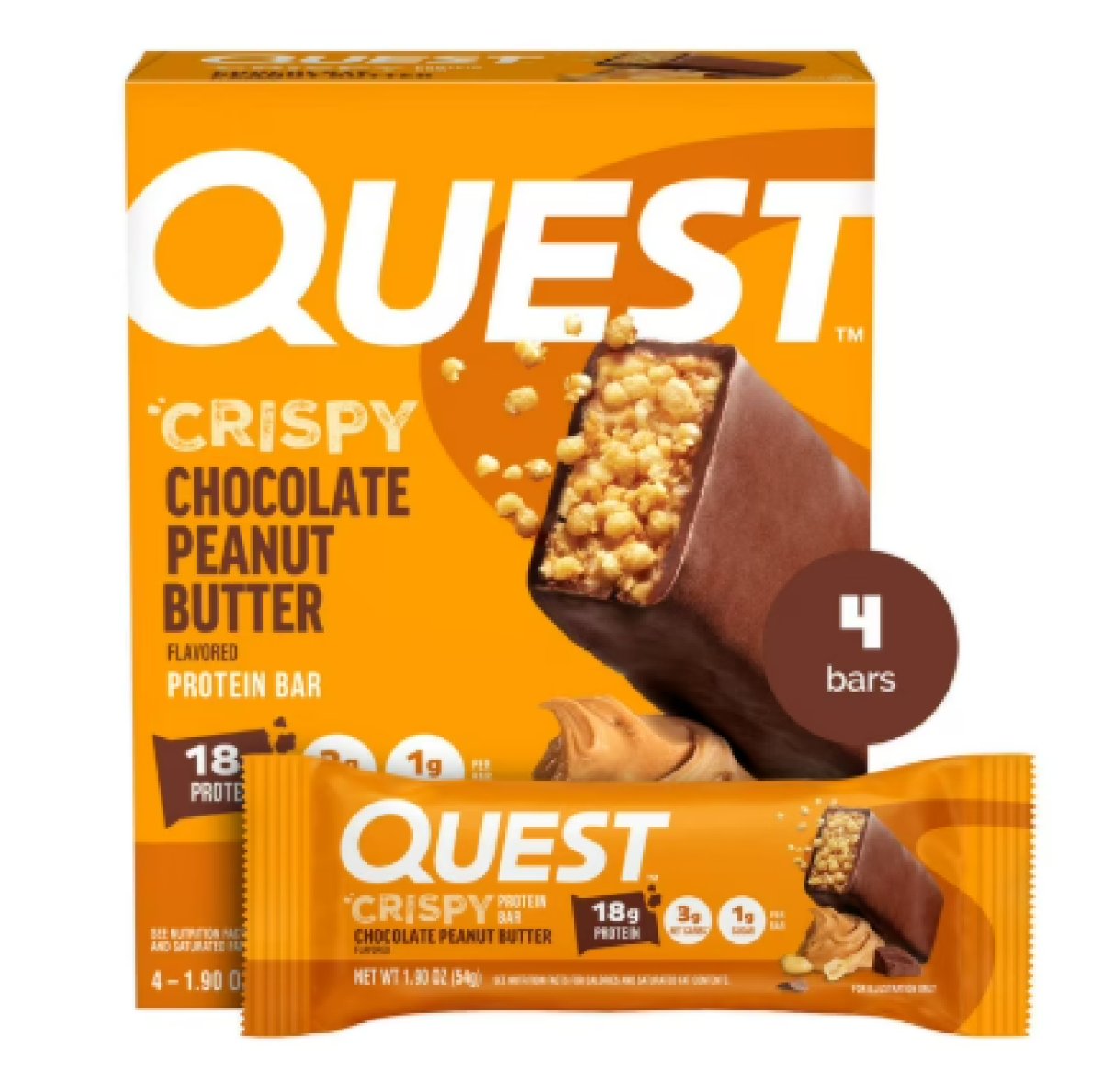 Quest Crispy Chocolate Peanut Butter Protein Bar, 18g of Protein, Gluten Free, 4 Count
