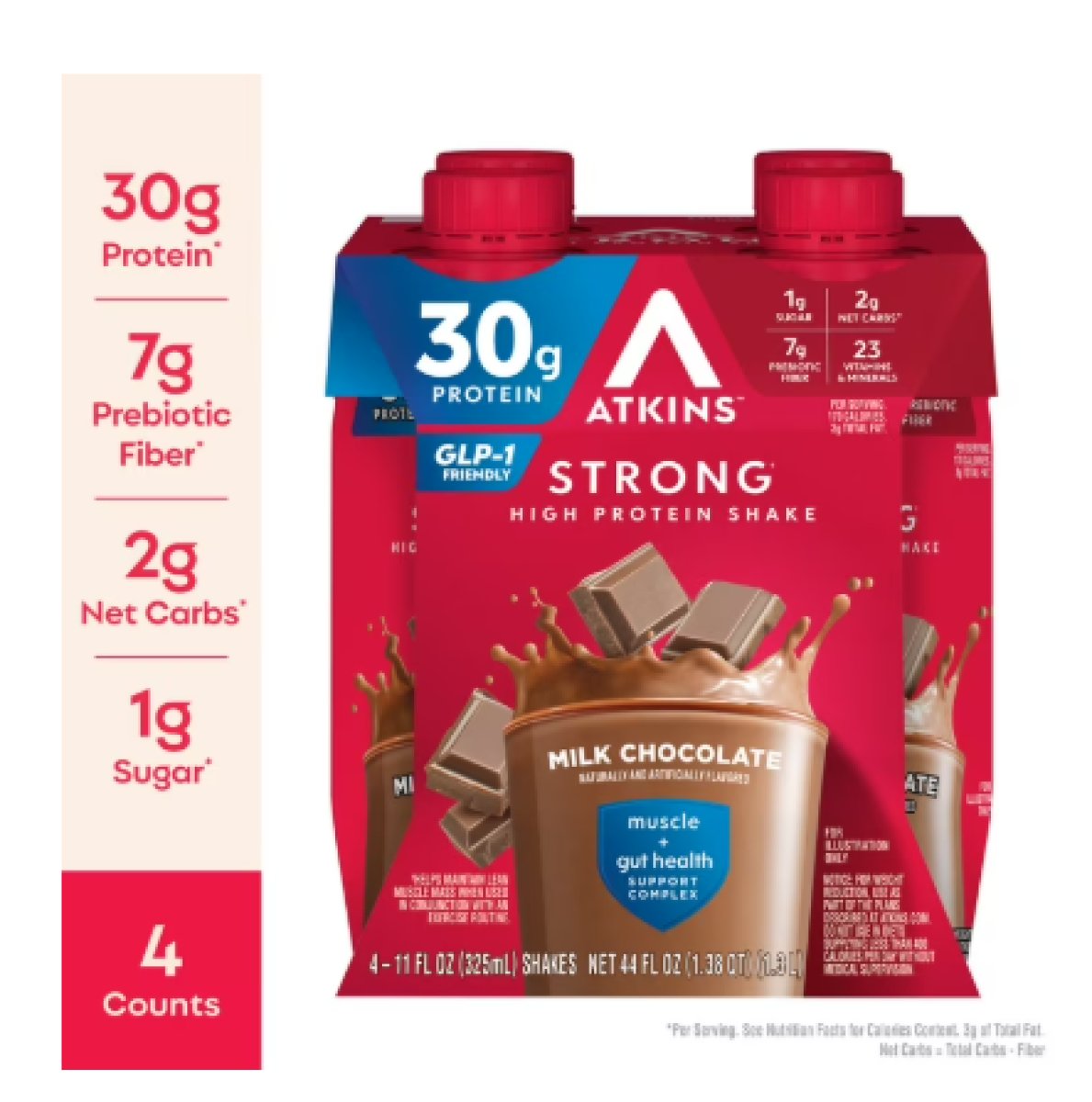 Atkins Strong, High Protein Shake, Milk Chocolate, 30g of Protein, 4 Units