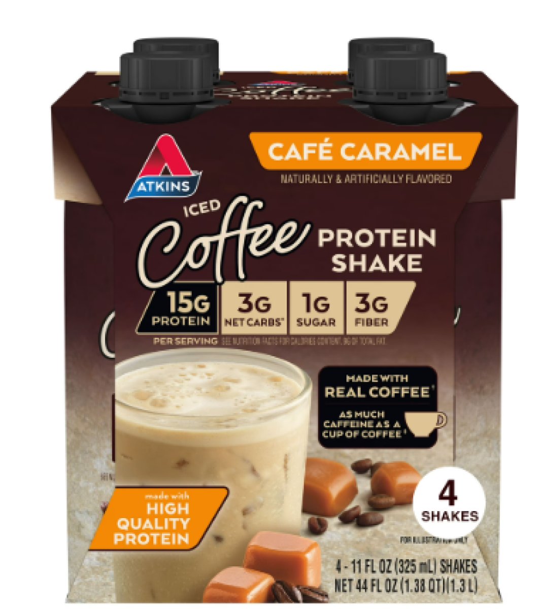 Atkins Caramel Iced Coffee Protein Shake, Keto Friendly, 15g Protein, with Caffeine, 4 Pack