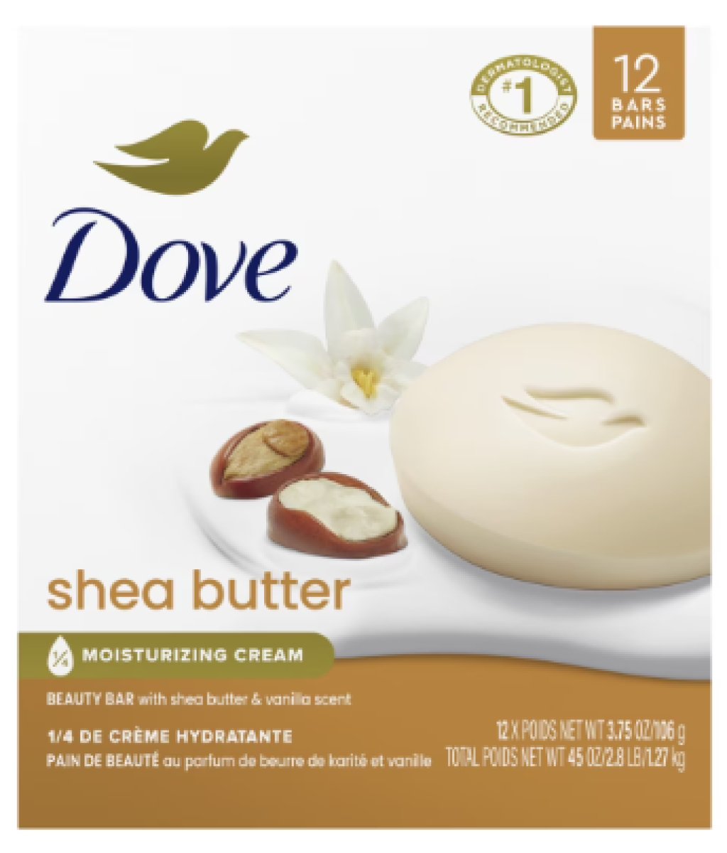Dove Beauty Bar Women's Bath Soap with Shea Butter, 3.75 oz, 12 Bars