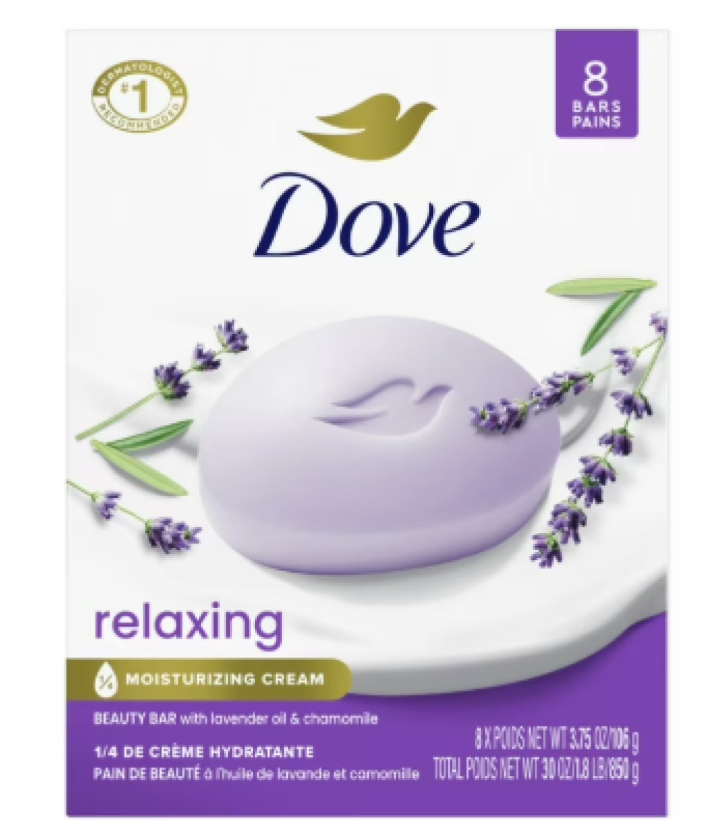 Dove Beauty Bar Women's Bath Soap with Relaxing Lavender and Chamomile Oil, 3.75 oz, 8 Bars
