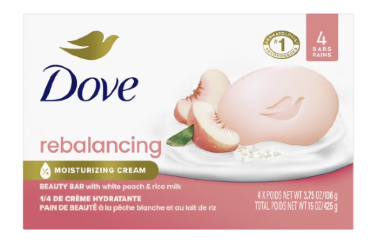 Dove Beauty Bar Women's Rebalancing Bath Soap, White Milk Peach & Rice, 3.75 oz, 4 Bars