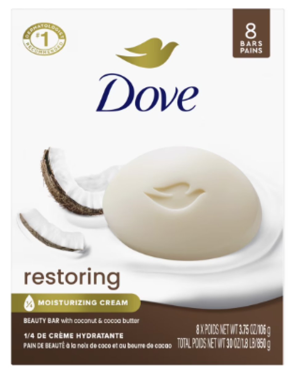 Dove Beauty Bar Women's Restoring Bath Soap with Coconut and Cocoa Butter, 3.75 oz, 8 Bars
