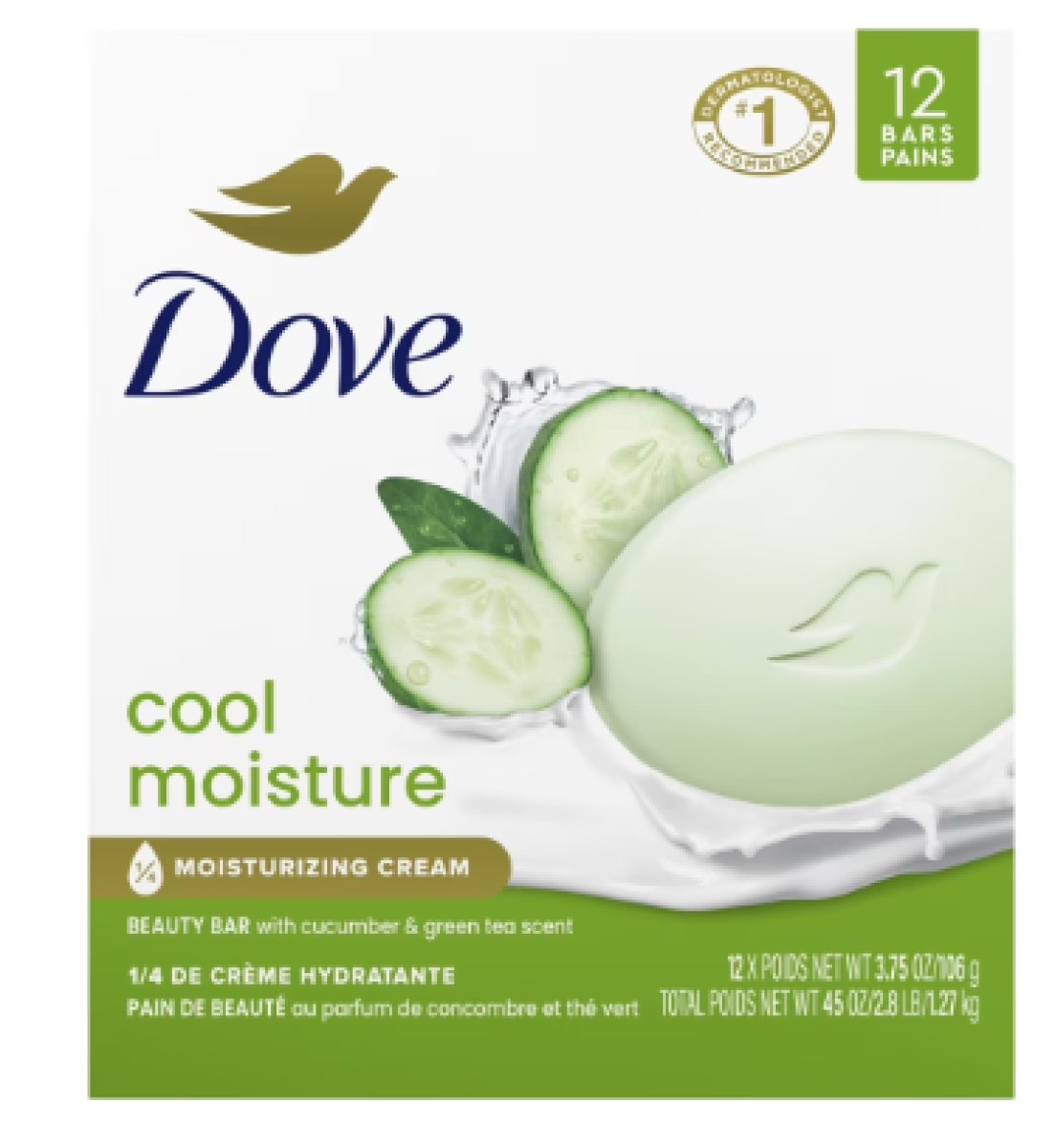 Dove Beauty Bar Women's Bath Soap with Fresh Moisturizing Cucumber and Green Tea Scent, 3.75 oz 12 Bars