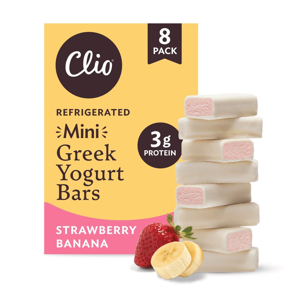 Clio Mini Strawberry and Banana Greek Yogurt Bar in Yogurt Coating, 0.78 oz, 8 Units