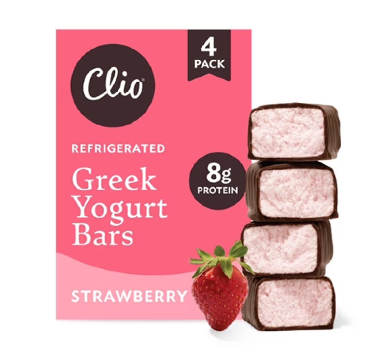 Clio Strawberry Greek Yogurt Bar with Chocolate Coating, 1.76 oz, 4 Units
