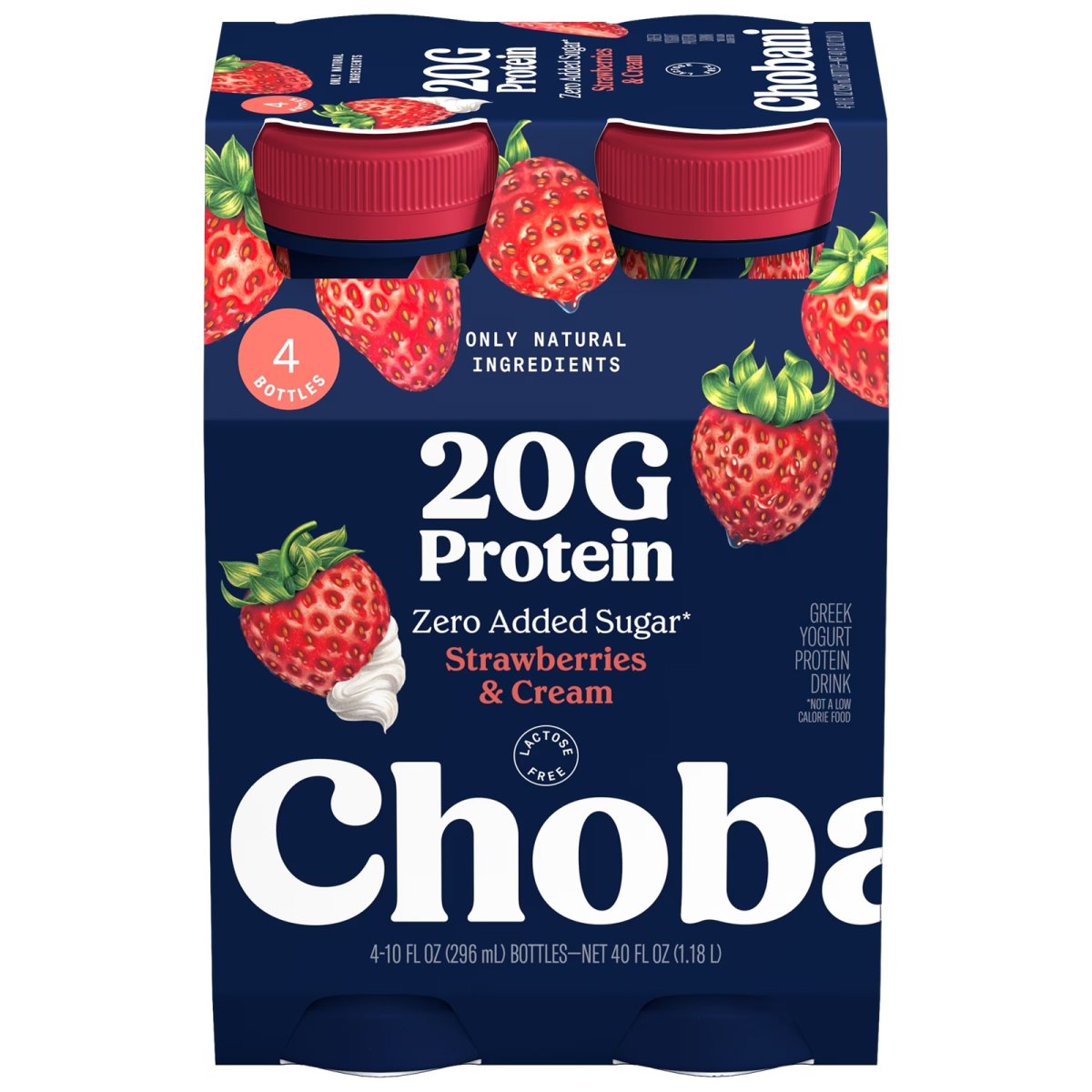 Chobani 20G Low Fat Greek Yogurt Drink with Protein Strawberries and Cream, 10 fl oz Bottle, 4 Pack