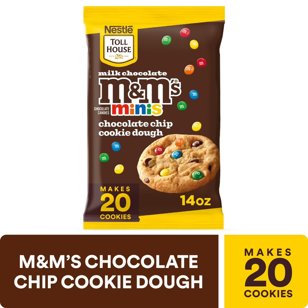 Nestle Toll House M&M'S Minis Chocolate Chip Ready to Bake Cookie Dough, Makes 20 Cookies for Holiday Baking, 14 oz
