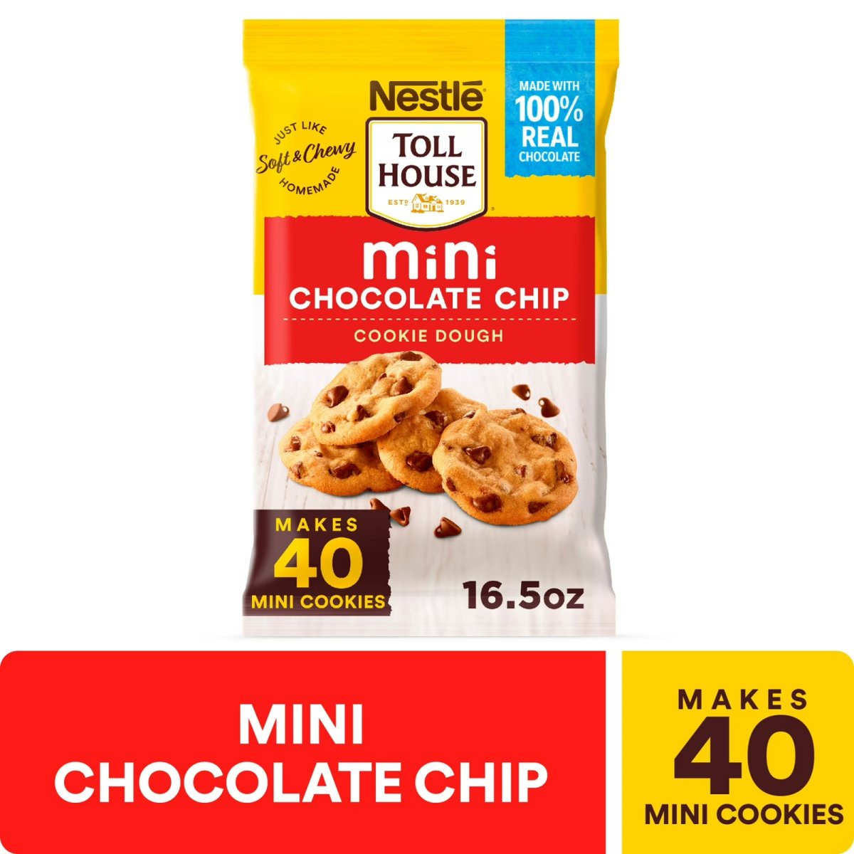 Nestle Toll House Mini Chocolate Chip Ready to Bake Cookie Dough, Makes 40 Cookies for Holiday Baking, 16.5 oz
