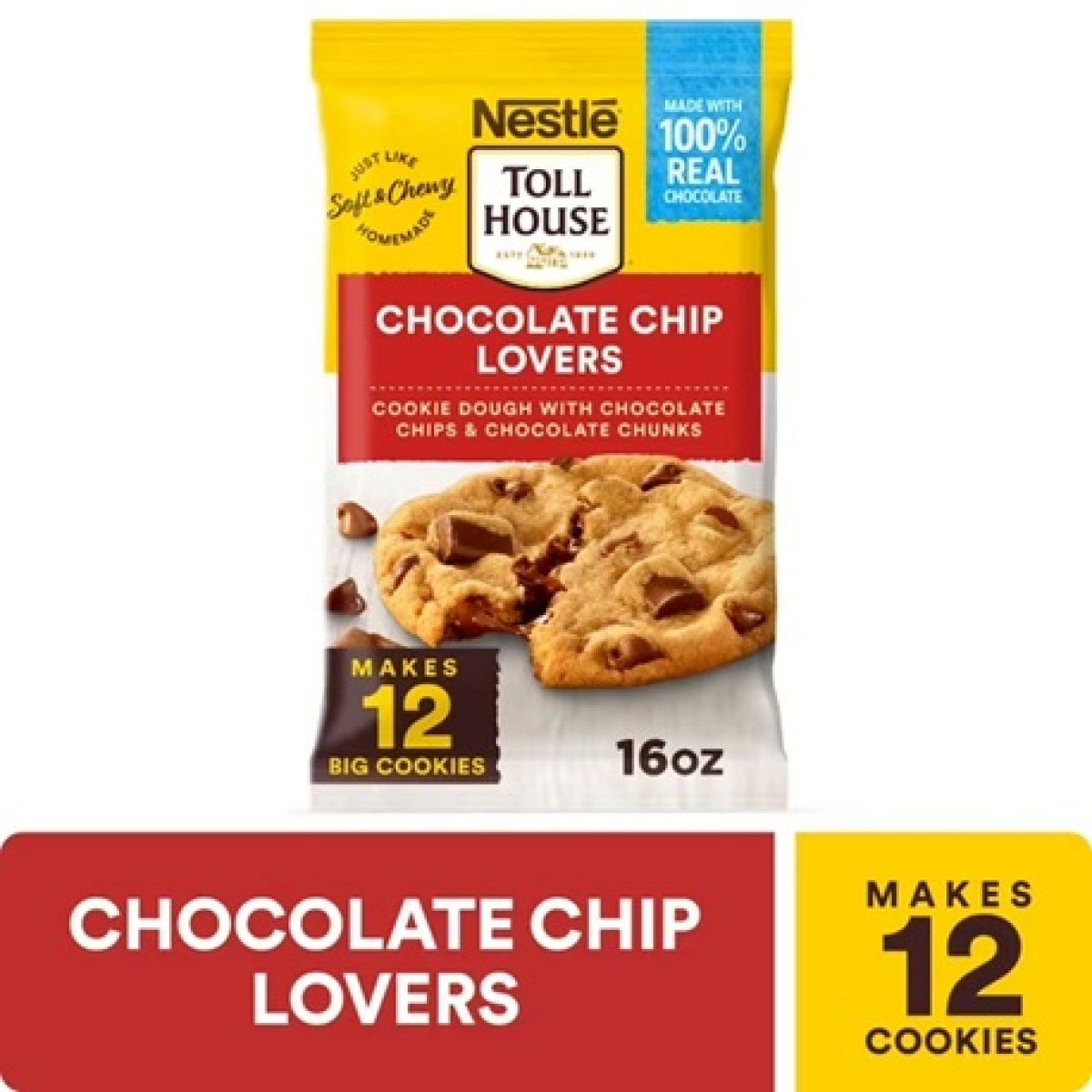 Nestle Toll House Ready to Bake Chocolate Chip Lovers Cookie Dough for Holiday Baking, Makes 12 Cookies, 16 oz